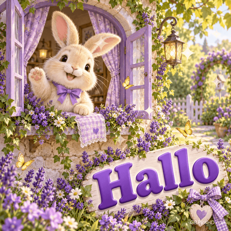 Ein Häschen mit lila Schleife winkt aus einem blumengeschmückten Fenster über einem Holzschild mit "Hallo".