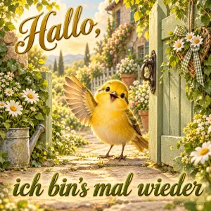 Ein gelber Vogel hebt einen Flügel an einem offenen Gartentor zwischen "Hallo," und "ich bin’s mal wieder".