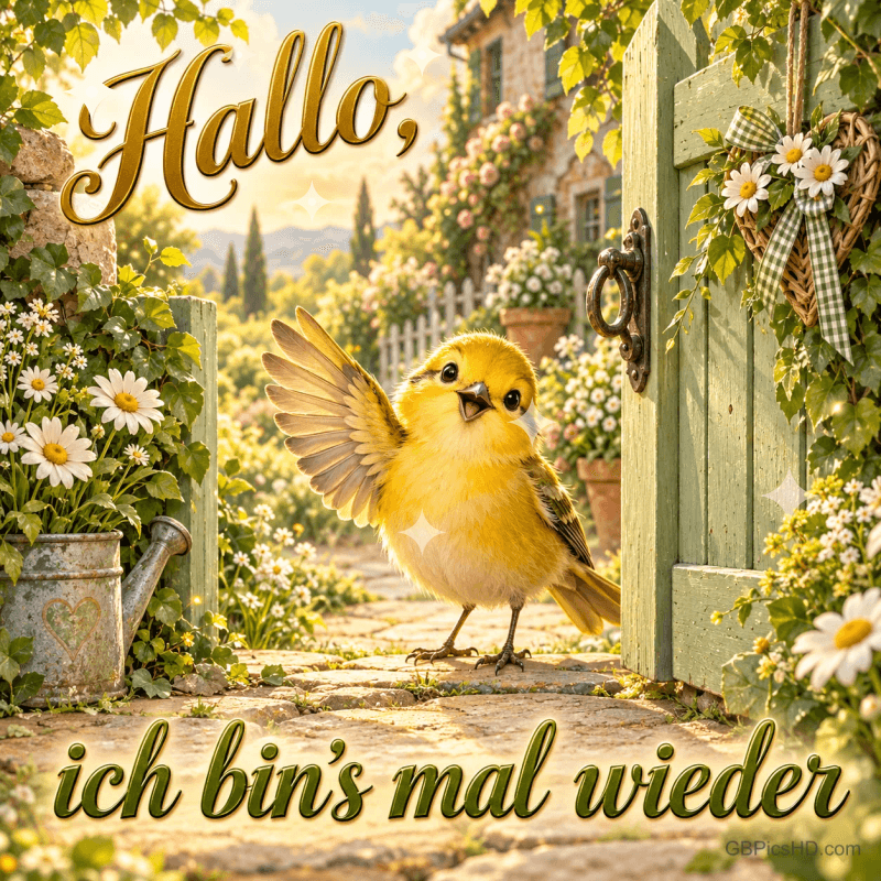 Ein gelber Vogel hebt einen Flügel an einem offenen Gartentor zwischen "Hallo," und "ich bin’s mal wieder".