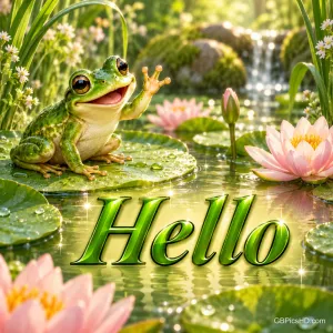 Ein grüner Frosch hebt auf einem Seerosenblatt eine Vorderpfote neben rosa Seerosen und dem Gruß "Hello".