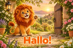 Ein lächelnder Löwe hebt vor einem offenen Gartentor im warmen Abendlicht eine Pfote; darunter steht "Hallo!".