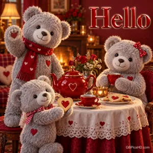 Drei graue Teddybären sitzen mit Tee und Herzkeksen am Tisch vor einem Kamin; oben rechts steht "Hello".