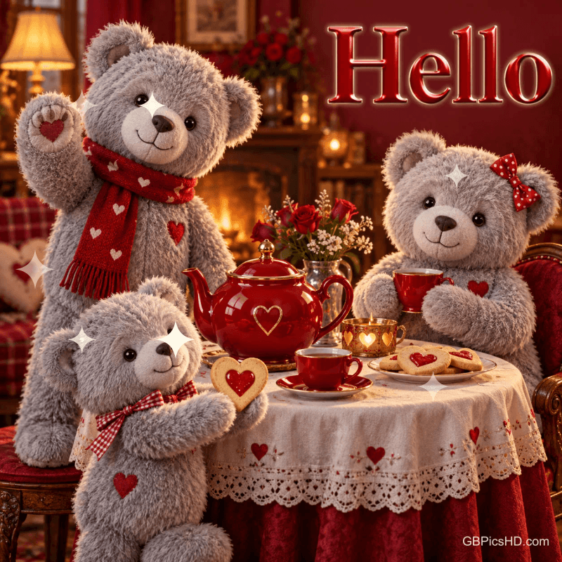 Drei graue Teddybären sitzen mit Tee und Herzkeksen am Tisch vor einem Kamin; oben rechts steht "Hello".