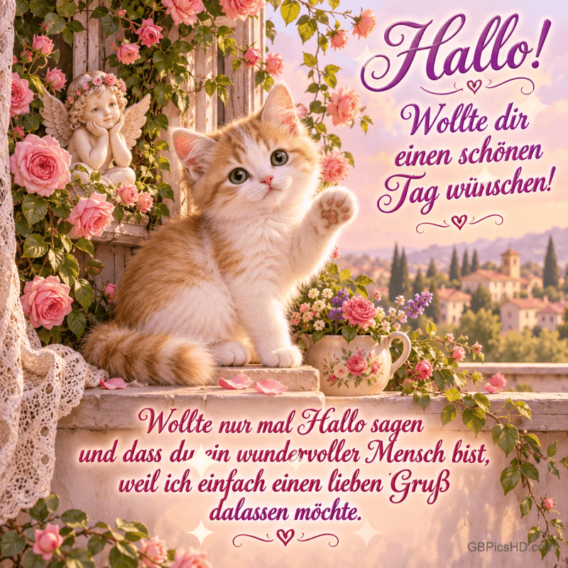 Ein Kätzchen hebt auf einer von Rosen umrankten Fensterbank die Pfote neben "Hallo! Wollte dir einen schönen Tag wünschen!". Ein Kätzchen hebt auf einer von Rosen umrankten Fensterbank die Pfote neben "Hallo! Wollte dir einen schönen Tag wünschen!".