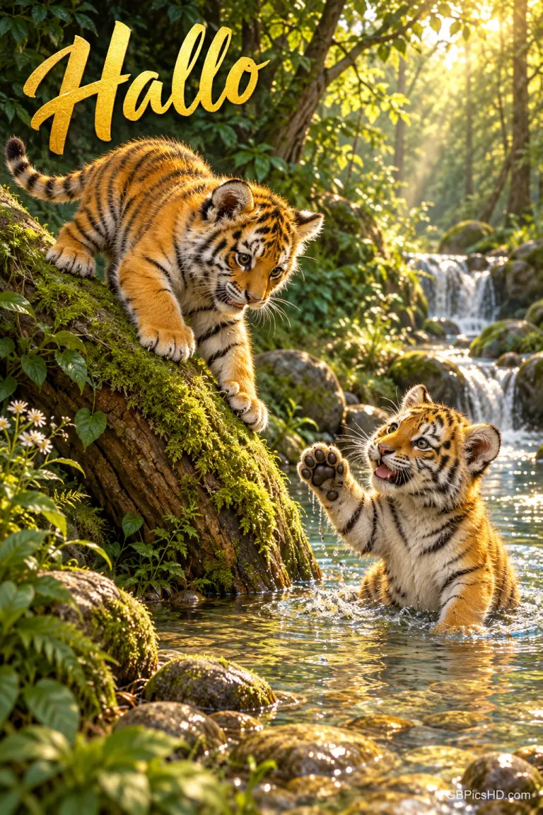 Zwei Tigerjunge spielen an einem Waldbach mit Wasserfällen; eines hebt die Pfote, oben links steht "Hallo".