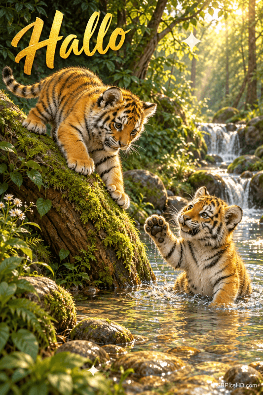 Zwei Tigerjunge spielen an einem Waldbach mit Wasserfällen; eines hebt die Pfote, oben links steht "Hallo". Zwei Tigerjunge spielen an einem Waldbach mit Wasserfällen; eines hebt die Pfote, oben links steht "Hallo".