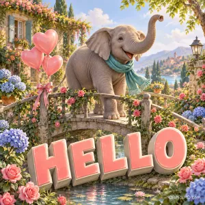 Ein Elefant mit blauem Schal hebt auf einer blumengeschmückten Brücke den Rüssel über dem Schriftzug "HELLO".