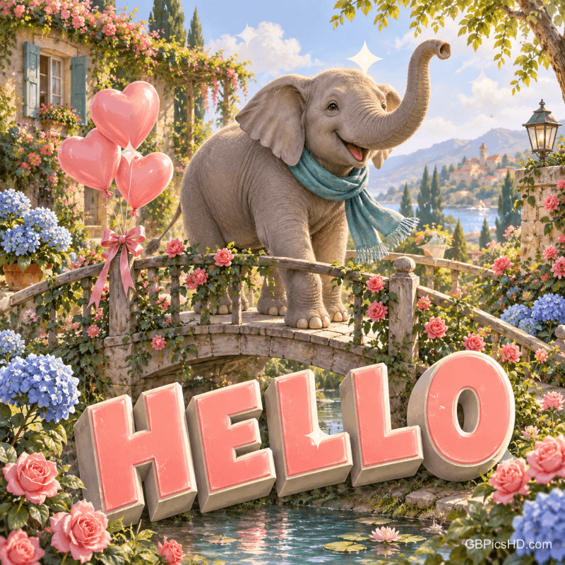 Ein Elefant mit blauem Schal hebt auf einer blumengeschmückten Brücke den Rüssel über dem Schriftzug "HELLO". Ein Elefant mit blauem Schal hebt auf einer blumengeschmückten Brücke den Rüssel über dem Schriftzug "HELLO".