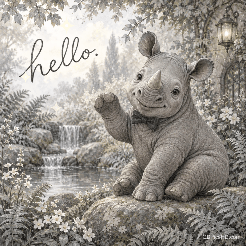 Ein junges Nashorn mit Fliege hebt am Waldbach eine Vorderpfote; die graue Zeichnung trägt oben links "hello.". Ein junges Nashorn mit Fliege hebt am Waldbach eine Vorderpfote; die graue Zeichnung trägt oben links "hello.".