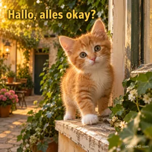 Ein orangefarbenes Kätzchen steht auf einer Fensterbank im sonnigen Garten mit dem Gruß "Hallo, alles okay?".