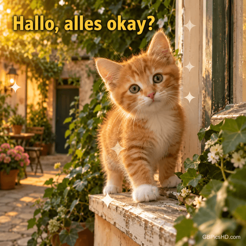 Ein orangefarbenes Kätzchen steht auf einer Fensterbank im sonnigen Garten mit dem Gruß "Hallo, alles okay?". Ein orangefarbenes Kätzchen steht auf einer Fensterbank im sonnigen Garten mit dem Gruß "Hallo, alles okay?".