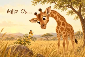 Eine junge Giraffe beugt sich im goldenen Gras zu einem Schmetterling auf gelben Blumen; oben links steht "Hall♡ Du......".