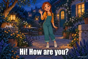 Ein Mädchen winkt in einem blühenden Innenhof am Abend; darunter steht "Hi! How are you?".
