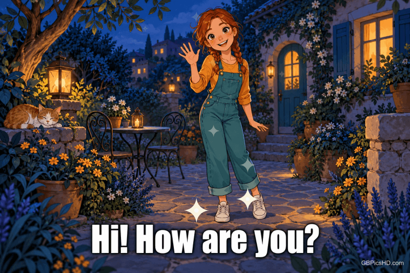 Ein Mädchen winkt in einem blühenden Innenhof am Abend; darunter steht "Hi! How are you?". Ein Mädchen winkt in einem blühenden Innenhof am Abend; darunter steht "Hi! How are you?".