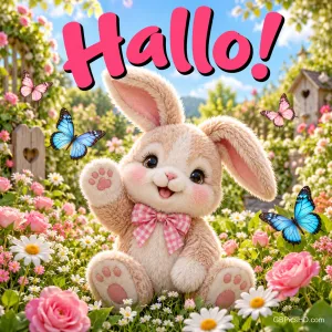 Ein Plüschhase winkt zwischen Blumen und Schmetterlingen unter dem pinken Gruß "Hallo!".
