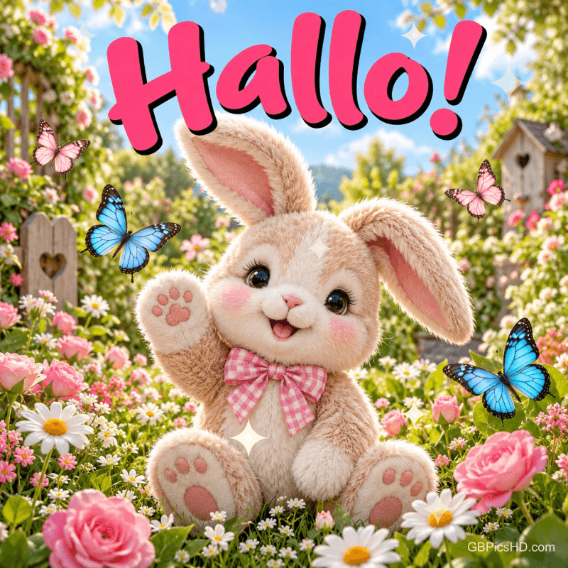 Ein Plüschhase winkt zwischen Blumen und Schmetterlingen unter dem pinken Gruß "Hallo!". Ein Plüschhase winkt zwischen Blumen und Schmetterlingen unter dem pinken Gruß "Hallo!".