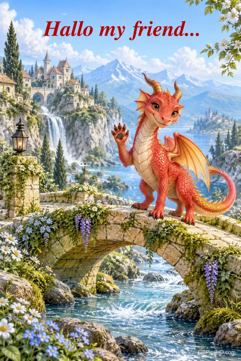 Ein roter Drache winkt auf einer Steinbrücke vor Wasserfällen, Schloss und Bergen mit "Hallo my friend…".