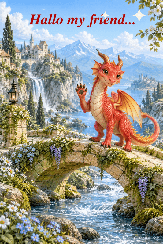 Ein roter Drache winkt auf einer Steinbrücke vor Wasserfällen, Schloss und Bergen mit "Hallo my friend…". Ein roter Drache winkt auf einer Steinbrücke vor Wasserfällen, Schloss und Bergen mit "Hallo my friend…".