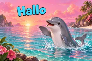 Ein lächelnder Delfin hebt im türkisfarbenen Meer eine Flosse vor einem rosa Sonnenuntergang; oben links steht "Hallo".