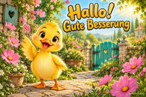 Ein gelbes Küken hebt einen Flügel zwischen rosa Blumen vor einem Gartentor mit "Hallo! Gute Besserung".