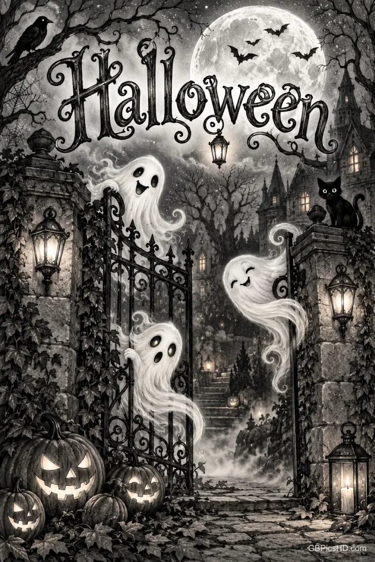 Drei Geister schweben an einem Eisentor zwischen Kürbissen und Laternen unter dem Schriftzug "Halloween".