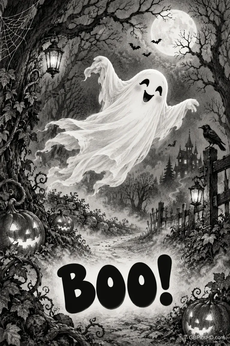 Ein Gespenst schwebt zwischen kahlen Bäumen, Kürbissen und Laternen im Mondlicht über dem Schriftzug "BOO!".