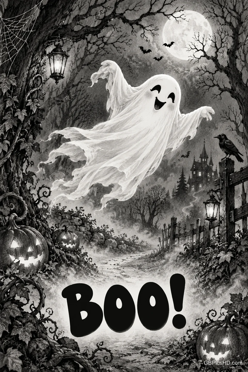 Ein Gespenst schwebt zwischen kahlen Bäumen, Kürbissen und Laternen im Mondlicht über dem Schriftzug "BOO!".