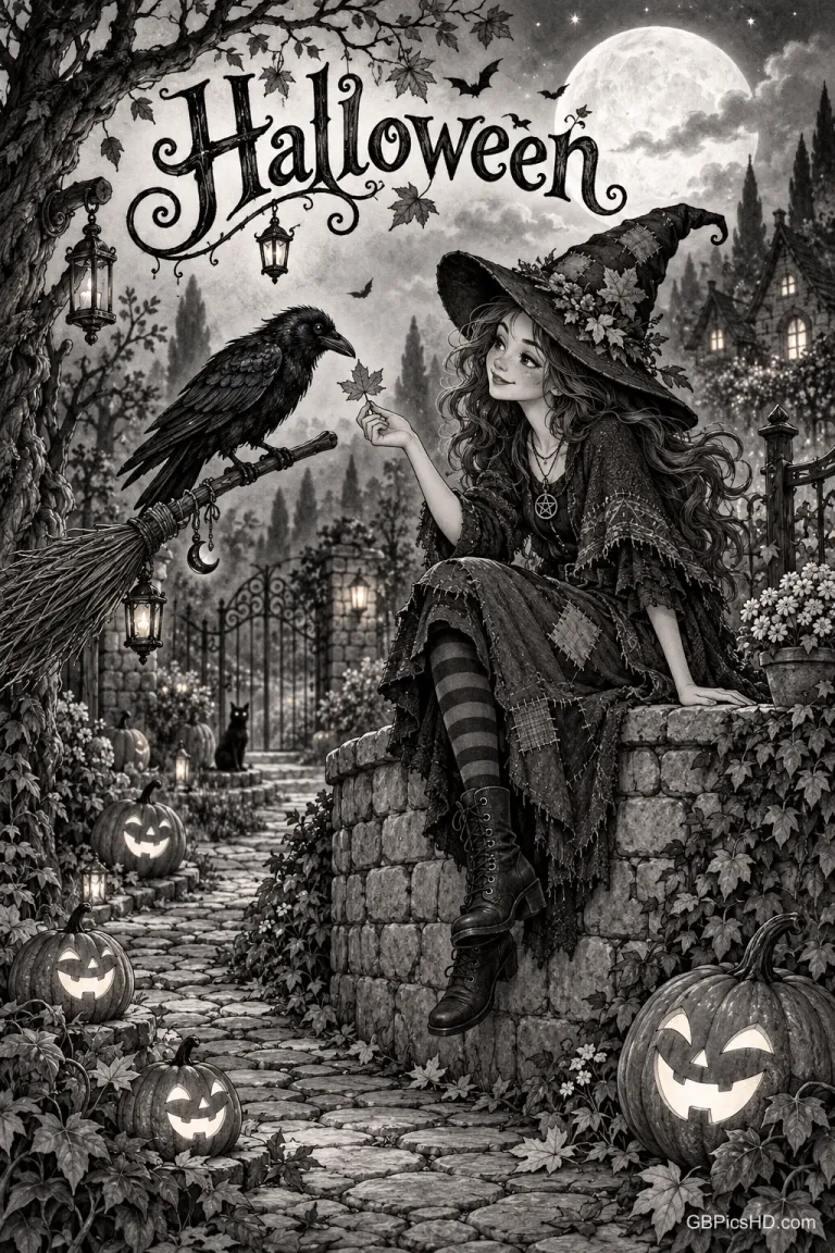 Eine junge Hexe sitzt auf einer Steinmauer neben einem Raben auf einem Besen; darüber steht "Halloween".