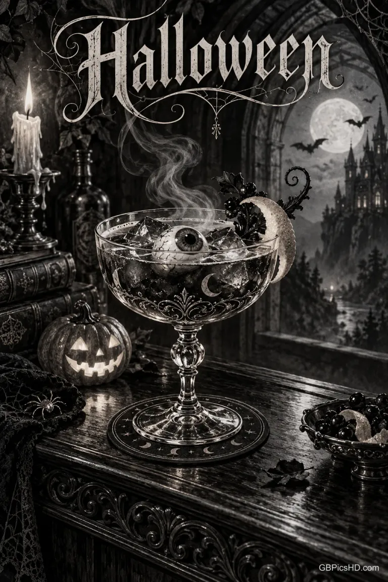 Unter "Halloween" steht ein dampfender Kelch mit einem Augapfel neben Büchern, einer Kerze und einem leuchtenden Kürbis.