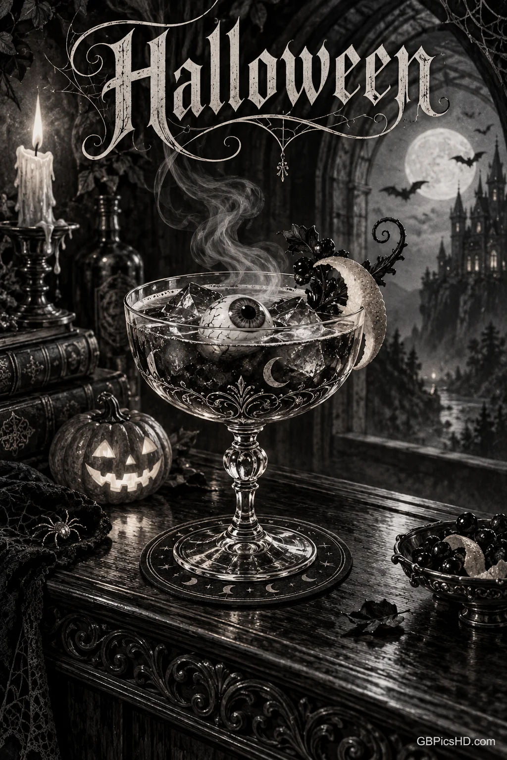 Unter "Halloween" steht ein dampfender Kelch mit einem Augapfel neben Büchern, einer Kerze und einem leuchtenden Kürbis.