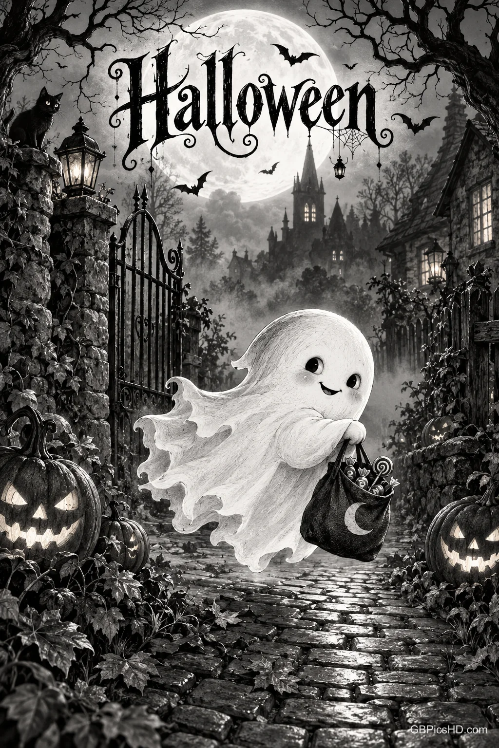 Ein lächelnder Geist trägt eine schwarze Süßigkeitentasche auf einem Pflasterweg zwischen Kürbissen unter "Halloween".