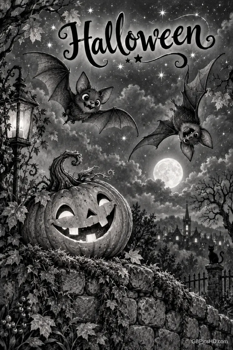 Zwei Fledermäuse fliegen über einem leuchtenden Kürbis auf einer Steinmauer, darüber steht "Halloween".