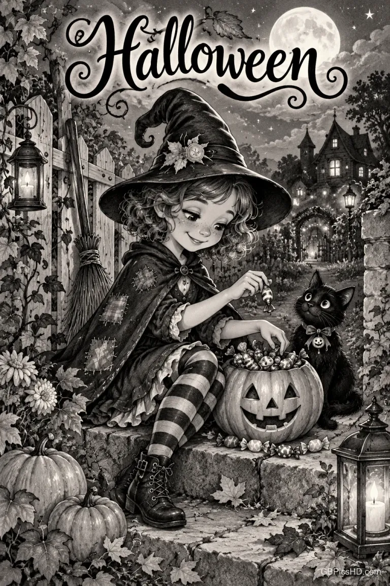 Unter "Halloween" sitzt ein Mädchen im Hexenkostüm mit einem Kürbis voller Süßigkeiten neben einer schwarzen Katze.