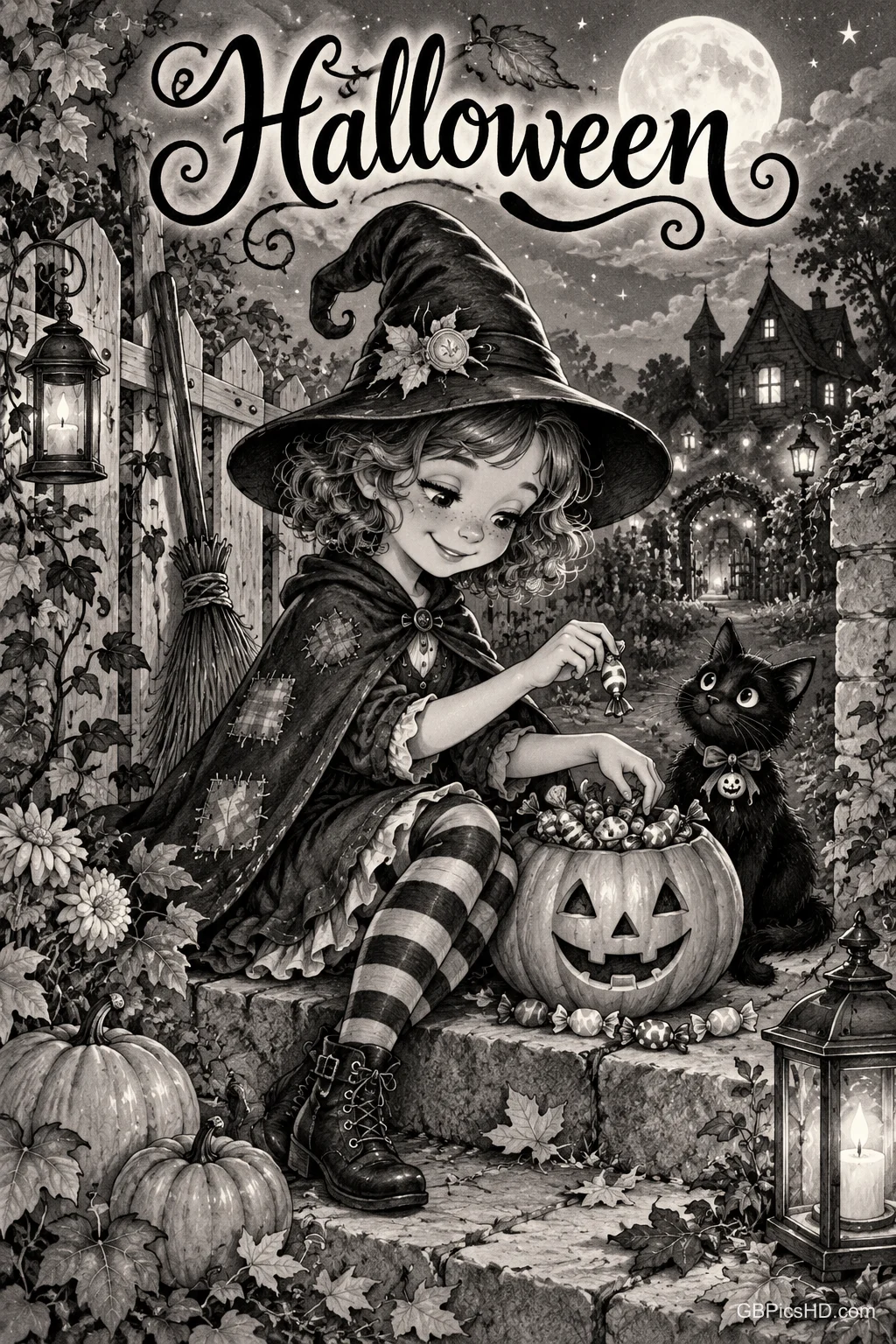 Unter "Halloween" sitzt ein Mädchen im Hexenkostüm mit einem Kürbis voller Süßigkeiten neben einer schwarzen Katze.