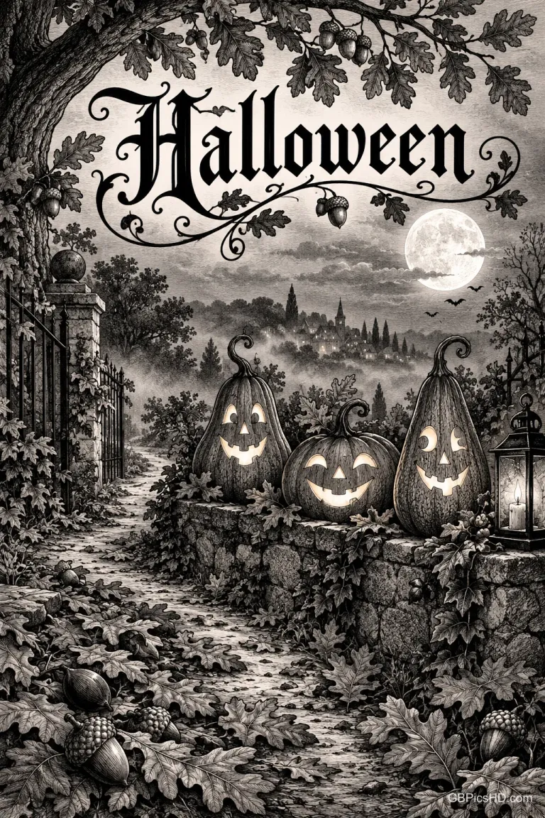 Unter "Halloween" stehen drei leuchtende Kürbisse auf einer Steinmauer neben einem Weg, einer Laterne und Eichenlaub.