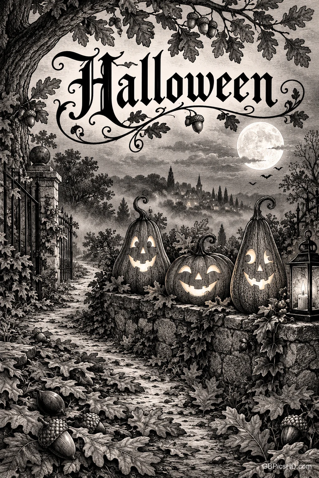 Unter "Halloween" stehen drei leuchtende Kürbisse auf einer Steinmauer neben einem Weg, einer Laterne und Eichenlaub.