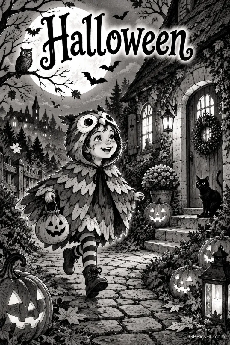Unter "Halloween" läuft ein Kind im Eulenkostüm mit einem Kürbiseimer an einem Haus mit Kürbissen und schwarzer Katze vorbei.