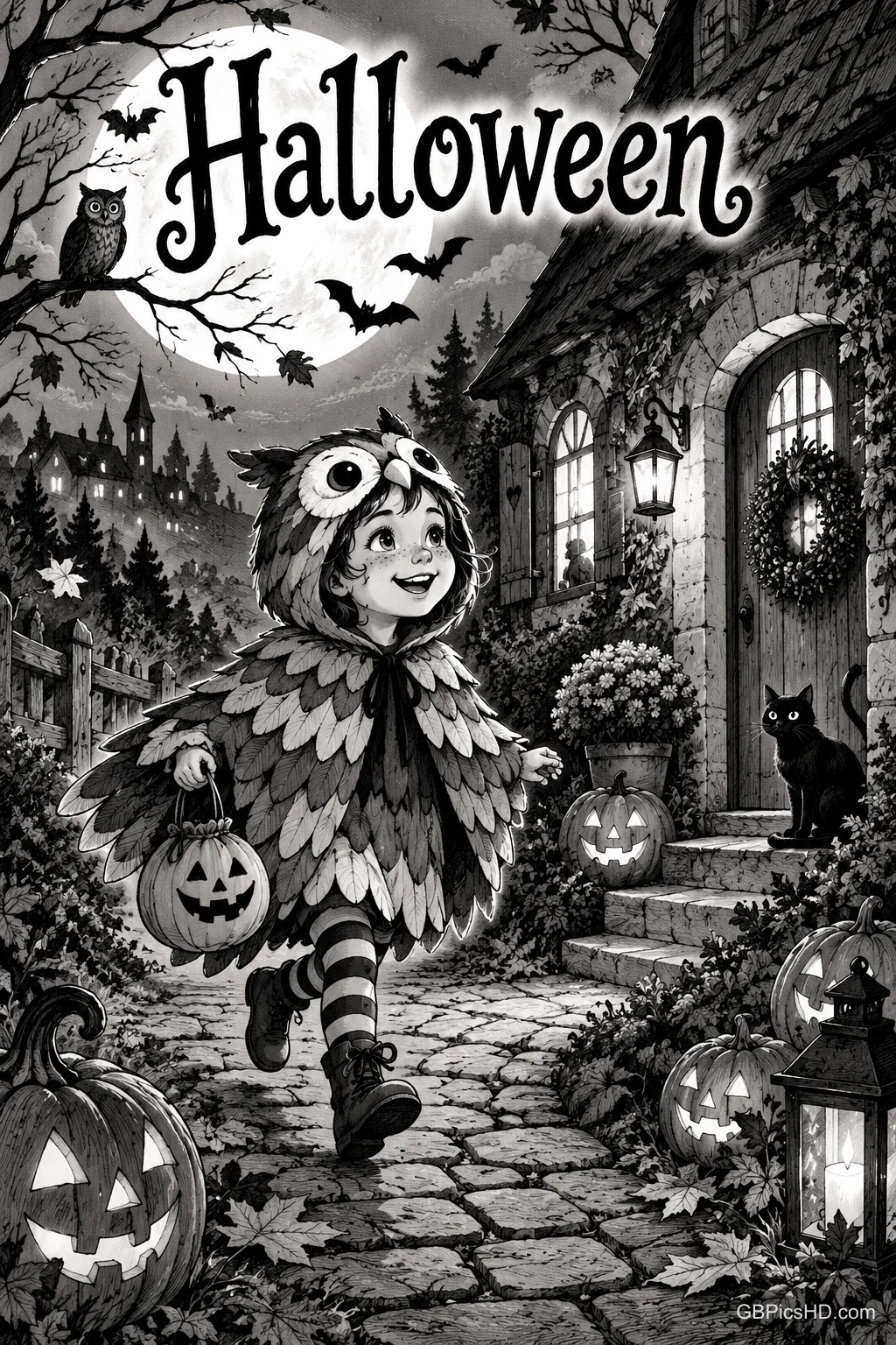 Unter "Halloween" läuft ein Kind im Eulenkostüm mit einem Kürbiseimer an einem Haus mit Kürbissen und schwarzer Katze vorbei.