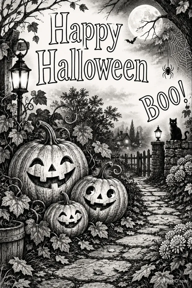 Drei geschnitzte Kürbisse säumen einen Gartenweg mit schwarzer Katze und Laternen unter "Happy Halloween BOO!".