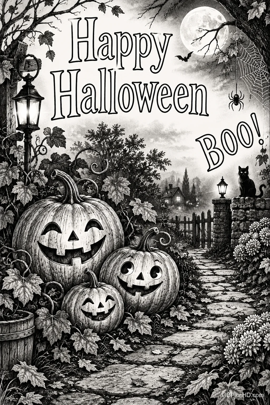 Drei geschnitzte Kürbisse säumen einen Gartenweg mit schwarzer Katze und Laternen unter "Happy Halloween BOO!".