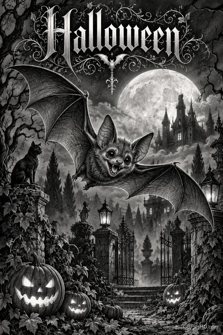 Unter "Halloween" fliegt eine große Fledermaus vor dem Vollmond über ein Tor mit leuchtenden Kürbissen und einer schwarzen Katze.