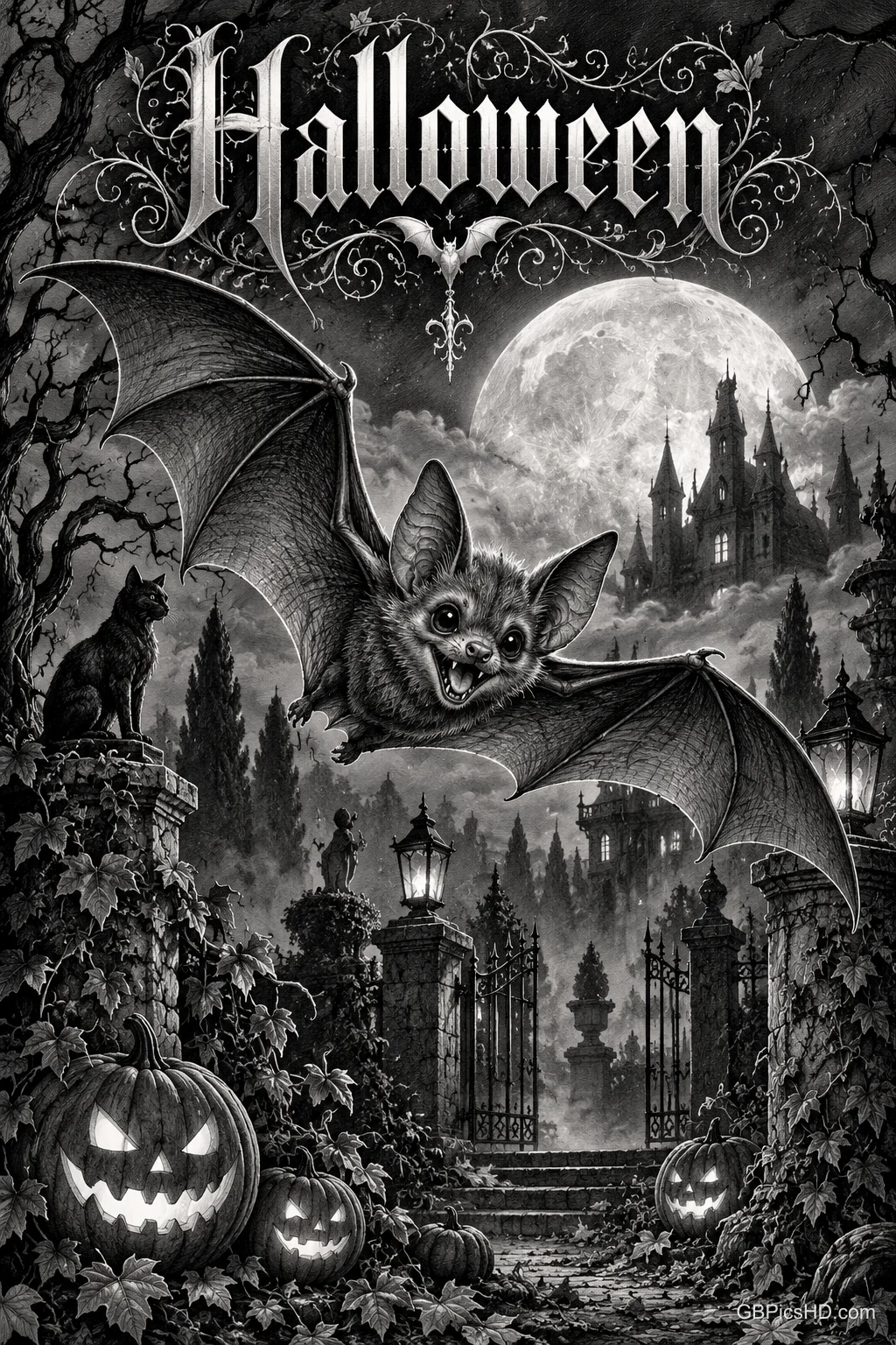 Unter "Halloween" fliegt eine große Fledermaus vor dem Vollmond über ein Tor mit leuchtenden Kürbissen und einer schwarzen Katze.