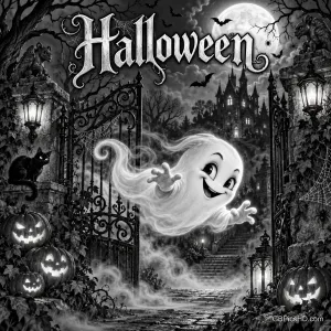 Unter "Halloween" schwebt ein lächelndes Gespenst zwischen offenen Eisentoren, umgeben von Kürbissen, Laternen und Spinnweben.
