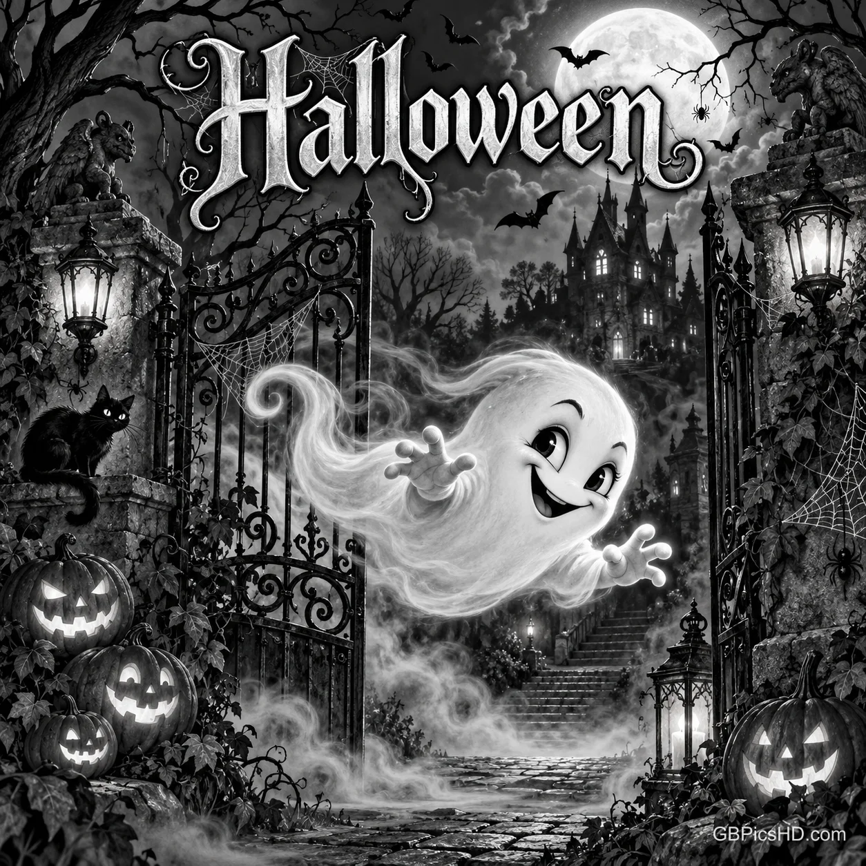 Unter "Halloween" schwebt ein lächelndes Gespenst zwischen offenen Eisentoren, umgeben von Kürbissen, Laternen und Spinnweben.