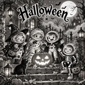 Unter "Halloween" stehen vier Kinder in Raumanzügen mit Hexen-, Mumien-, Vampir- und Skelettkostümen um einen leuchtenden Kürbis.