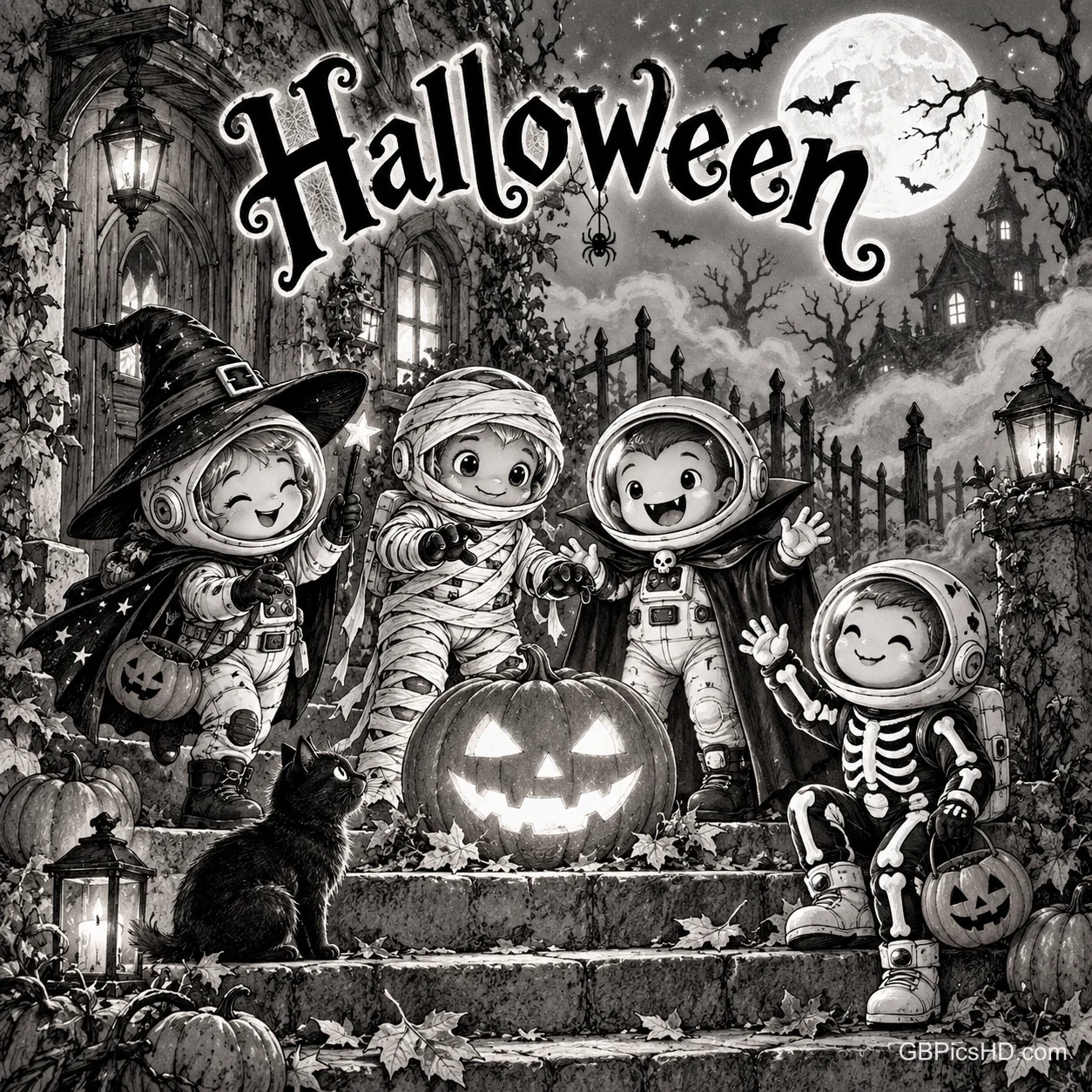 Unter "Halloween" stehen vier Kinder in Raumanzügen mit Hexen-, Mumien-, Vampir- und Skelettkostümen um einen leuchtenden Kürbis.
