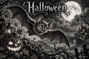 Unter "Halloween" fliegt eine Fledermaus neben einem leuchtenden Kürbis; im Hintergrund stehen Vollmond und Schloss.