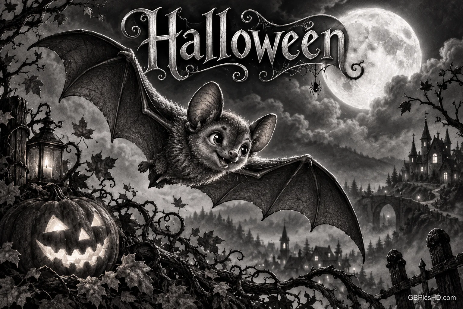 Unter "Halloween" fliegt eine Fledermaus neben einem leuchtenden Kürbis; im Hintergrund stehen Vollmond und Schloss.