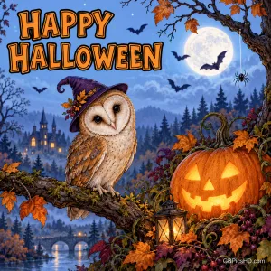 Eine Eule mit Hexenhut sitzt neben einem leuchtenden Kürbis und einer Laterne auf einem Ast; darüber steht "Happy Halloween".