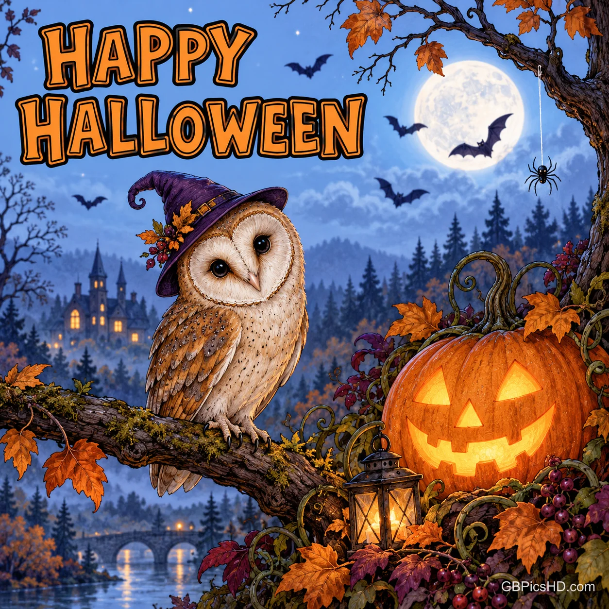 Eine Eule mit Hexenhut sitzt neben einem leuchtenden Kürbis und einer Laterne auf einem Ast; darüber steht "Happy Halloween".